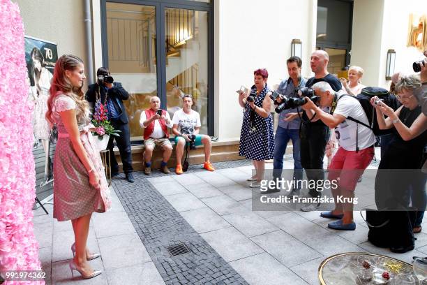 Cathy Hummels poses at the Cathy Hummels by Angermaier collection presentation at Titanic Hotel on July 5, 2018 in Berlin, Germany.