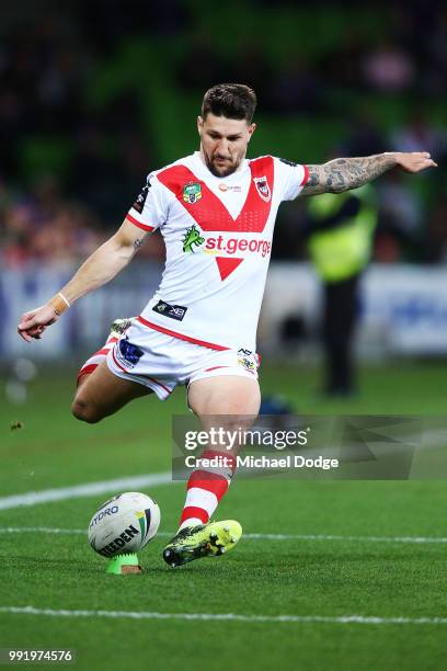 Gareth Widdop of the Dragons kicks the ball during the round 17 NRL match between the Melbourne Storm and the St George Illawarra Dragons at AAMI...