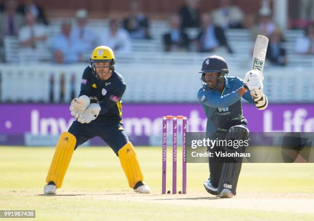 Daniel Bell-Drummond of Kent batting as Lewis McManus of Hampsire looks on during the Royal London One-Day Cup match between Hampshire and Kent at...