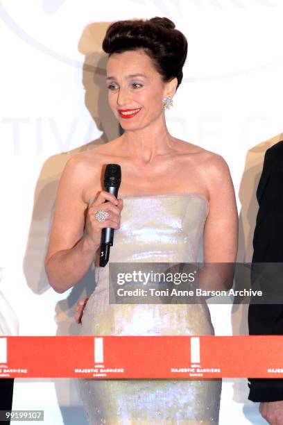 Mistress of Ceremony Kristin Scott Thomas speaks at the Opening Night Dinner at the Hotel Majestic during the 63rd Annual International Cannes Film...