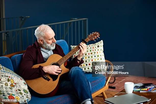 skilled musician sitting on sofa playing classical guitar - saiteninstrument spielen stock-fotos und bilder