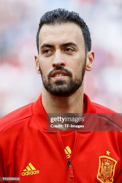 Sergio Busquets of Spain looks on prior to the 2018 FIFA World Cup Russia match between Spain and Russia at Luzhniki Stadium on July 01, 2018 in...