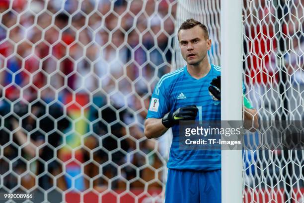 Goalkeeper Igor Akinfeev of Russia looks on during the 2018 FIFA World Cup Russia match between Spain and Russia at Luzhniki Stadium on July 01, 2018...