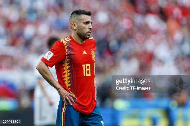 Jordi Alba of Spain looks on during the 2018 FIFA World Cup Russia match between Spain and Russia at Luzhniki Stadium on July 01, 2018 in Moscow,...