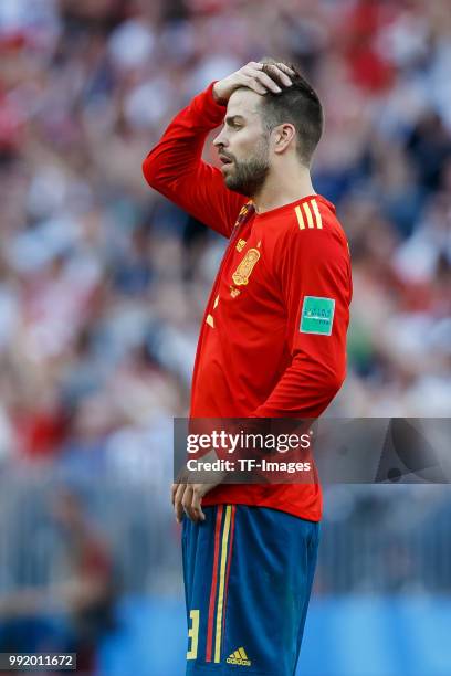 Gerard Pique of Spain looks on during the 2018 FIFA World Cup Russia match between Spain and Russia at Luzhniki Stadium on July 01, 2018 in Moscow,...