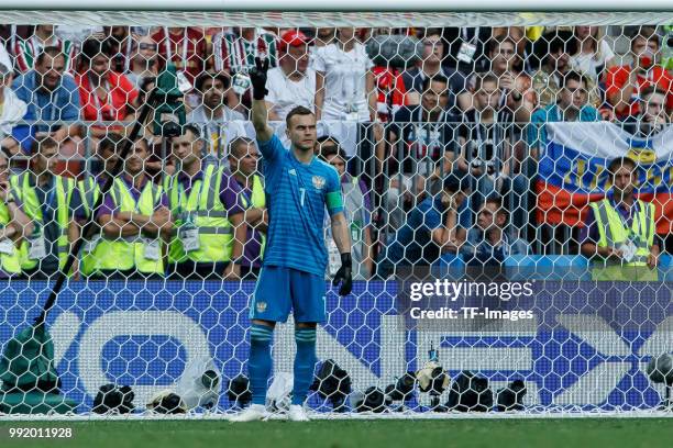 Goalkeeper Igor Akinfeev of Russia gestures during the 2018 FIFA World Cup Russia match between Spain and Russia at Luzhniki Stadium on July 01, 2018...