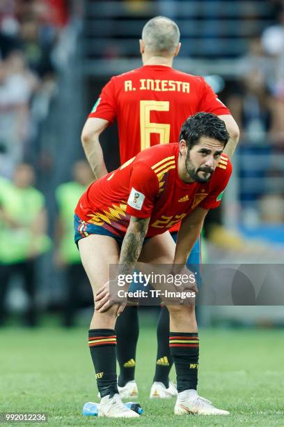 Isco of Spain looks dejected after the 2018 FIFA World Cup Russia match between Spain and Russia at Luzhniki Stadium on July 01, 2018 in Moscow,...