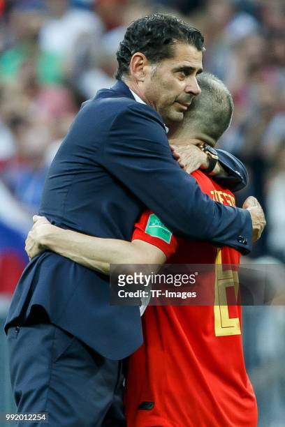 Head coach Fernando Hierro of Spain and Andres Iniesta of Spain looks dejected after the 2018 FIFA World Cup Russia match between Spain and Russia at...