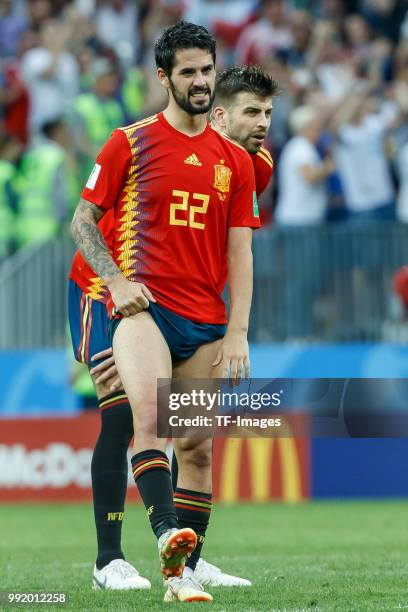 Isco of Spain looks dejected after the 2018 FIFA World Cup Russia match between Spain and Russia at Luzhniki Stadium on July 01, 2018 in Moscow,...