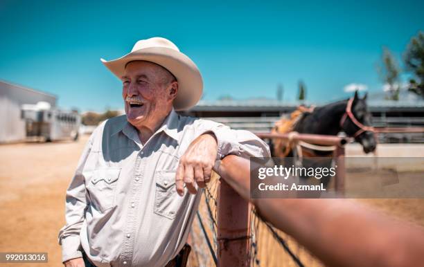 cow-boy s’appuyant sur une clôture et la tenue de lasso dans l’arène de rodéo - utah stock photos et images de collection