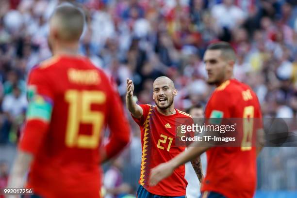 David Silva of Spain gestures during the 2018 FIFA World Cup Russia match between Spain and Russia at Luzhniki Stadium on July 01, 2018 in Moscow,...