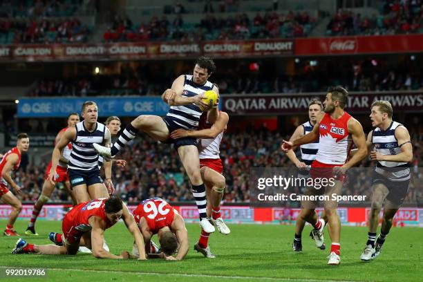 Patrick Dangerfield of the Cats marks during the round 16 AFL match between the Sydney Swans and the Geelong Cats at Sydney Cricket Ground on July 5,...