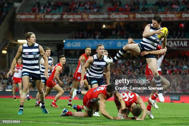 Patrick Dangerfield of the Cats marks during the round 16 AFL match between the Sydney Swans and the Geelong Cats at Sydney Cricket Ground on July 5,...