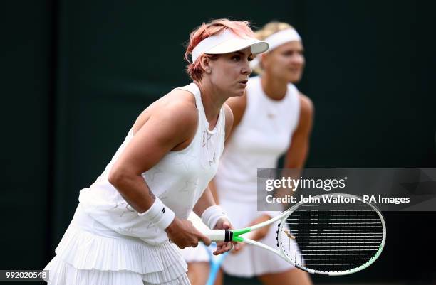 Bethanie Mattek-Sands in action on day four of the Wimbledon Championships at the All England Lawn Tennis and Croquet Club, Wimbledon