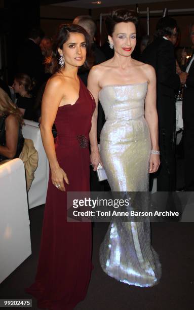 Actress Salma Hayek and Mistress of Ceremony Kristin Scott Thomas attend the Opening Night Dinner at the Hotel Majestic during the 63rd Annual...