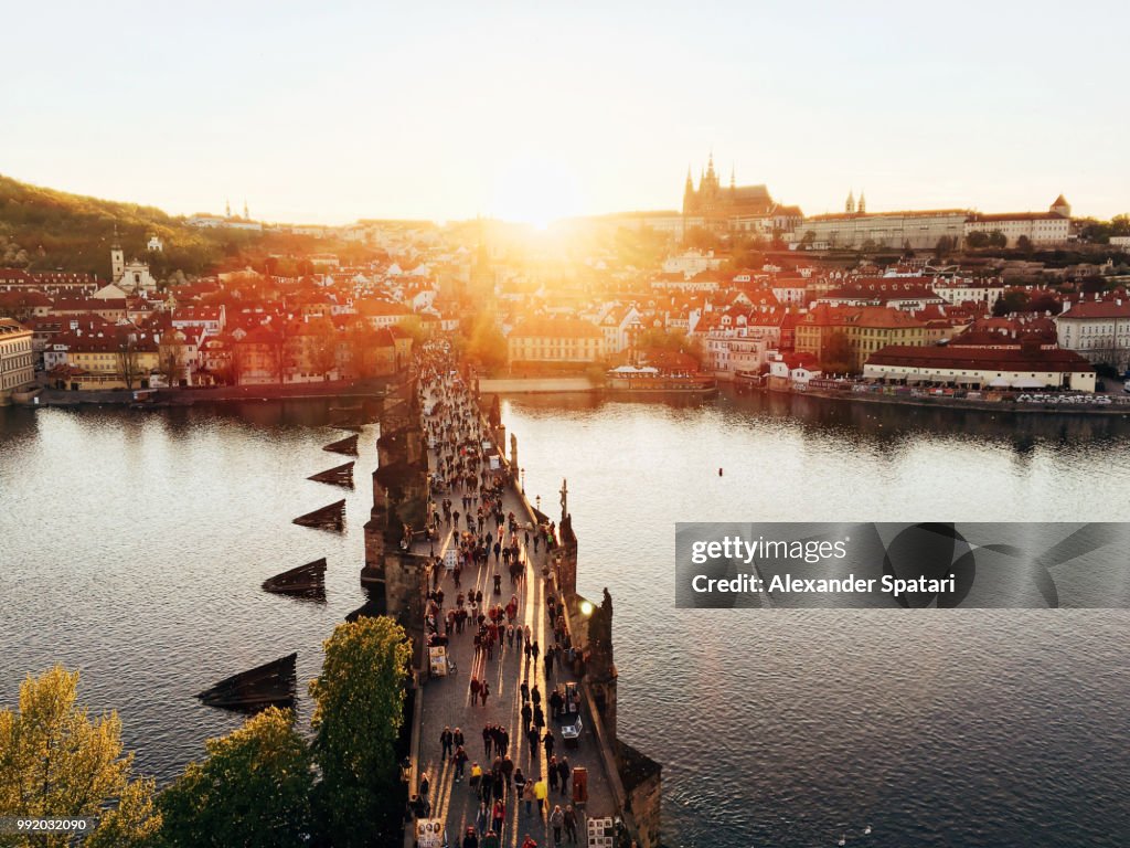 Charles Bridge during sunset aerial view, Prague, Czech Republic