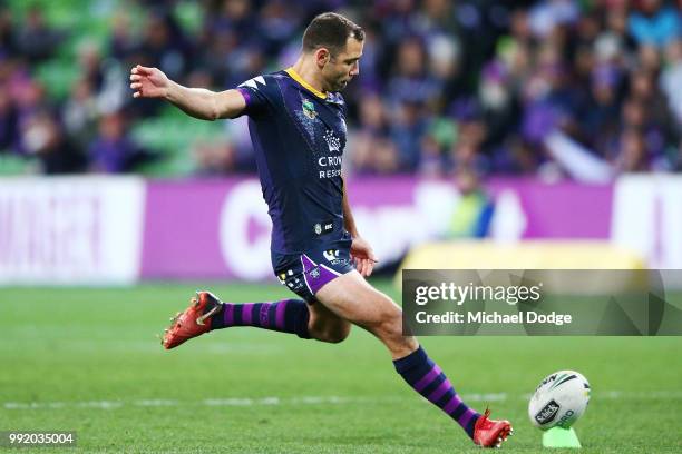 Cameron Smith of the Storm kicks the ball during the round 17 NRL match between the Melbourne Storm and the St George Illawarra Dragons at AAMI Park...