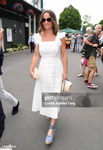 Pippa Middleton attends day four of the Wimbledon Tennis Championships at the All England Lawn Tennis and Croquet Club on July 5, 2018 in London,...