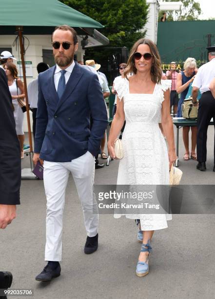 James Middleton and Pippa Middleton attend day four of the Wimbledon Tennis Championships at the All England Lawn Tennis and Croquet Club on July 5,...
