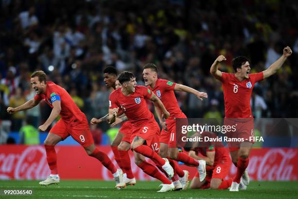 England players celebrate during the penalty shout out during the 2018 FIFA World Cup Russia Round of 16 match between Colombia and England at...