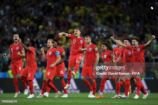 England players celebrate during the penalty shout out during the 2018 FIFA World Cup Russia Round of 16 match between Colombia and England at...