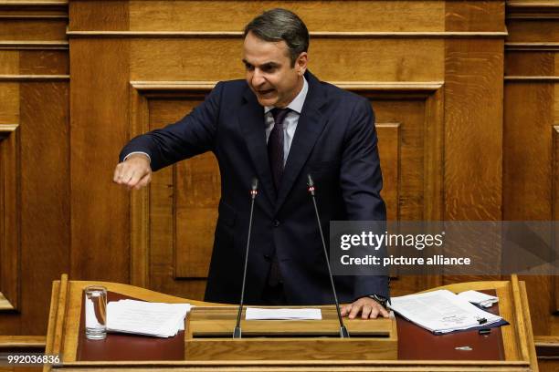 July 2018, Athens, Greece: Kyriakos Mitsotakis, head of the oppoistion party Nea Dimokratia speaks durng a debate in the greek parliament. After...