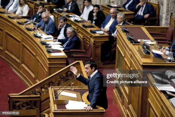 July 2018, Athens, Greece: Alexis Tsipras , prime minister of Greece speaks durng a debate in the greek parliament. After eight years of austerity...