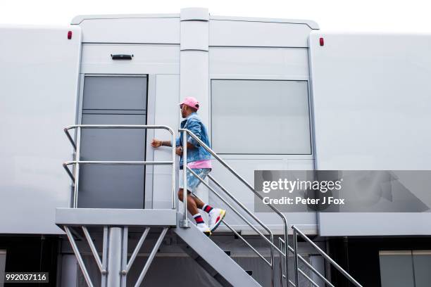 Lewis Hamilton of Mercedes and Great Britain during previews ahead of the Formula One Grand Prix of Great Britain at Silverstone on July 5, 2018 in...