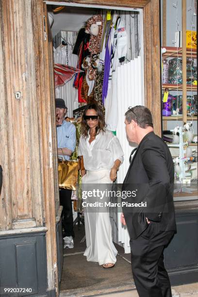 Victoria Beckham is seen leaving the 'Filament' toy store on July 5, 2018 in Paris, France.