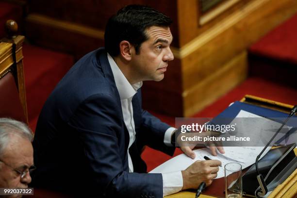 July 2018, Athens, Greece: Alexis Tsipras, prime minister of Greece speaks durng a debate in the greek parliament. After eight years of austerity...