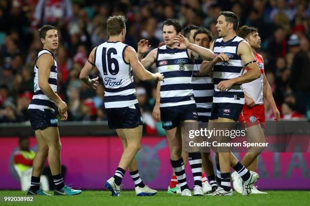 Patrick Dangerfield of the Cats celebrates kicking a goal during the round 16 AFL match between the Sydney Swans and the Geelong Cats at Sydney...