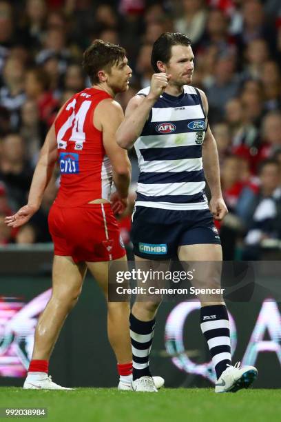 Patrick Dangerfield of the Cats celebrates kicking a goal during the round 16 AFL match between the Sydney Swans and the Geelong Cats at Sydney...