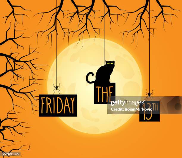 ilustraciones, imágenes clip art, dibujos animados e iconos de stock de viernes 13 fondo con gato negro. luna llena en segundo plano. rotulación a mano. ilustración de vector. - viernes