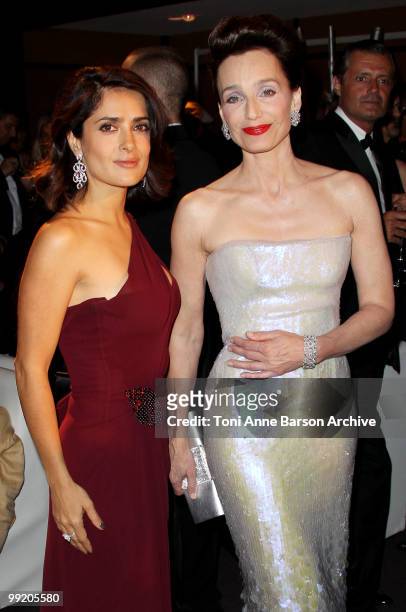 Actress Salma Hayek and Mistress of Ceremony Kristin Scott Thomas attend the Opening Night Dinner at the Hotel Majestic during the 63rd Annual...