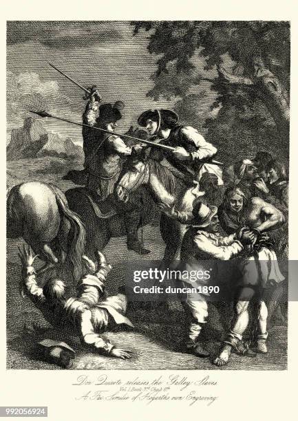don quixote releases the galley slaves by william hogarth - don quixote stock illustrations