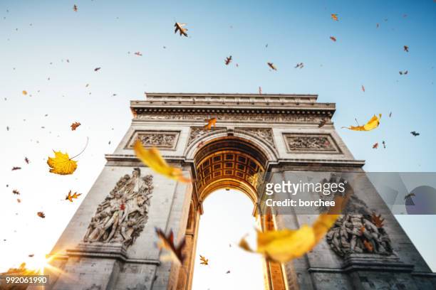 vallende blaadjes in parijs - triomfboog stockfoto's en -beelden