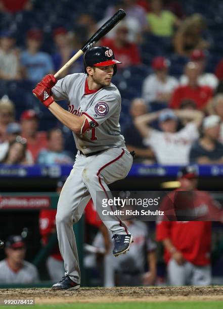 Trea Turner of the Washington Nationals in action during a game against the Philadelphia Phillies at Citizens Bank Park on June 29, 2018 in...