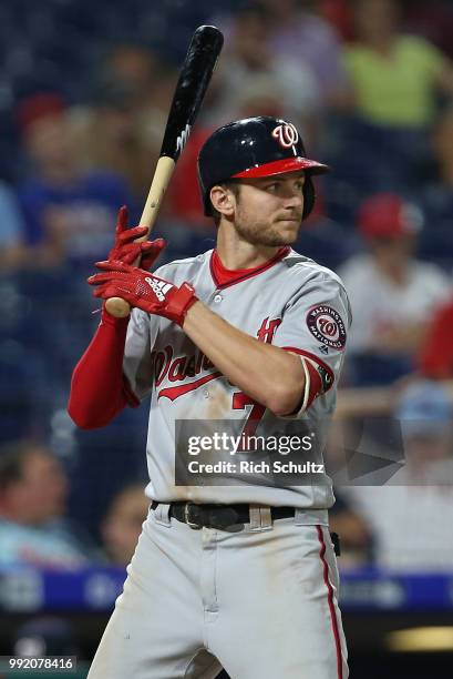 Trea Turner of the Washington Nationals in action during a game against the Philadelphia Phillies at Citizens Bank Park on June 29, 2018 in...