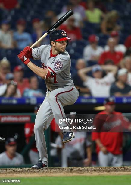 Trea Turner of the Washington Nationals in action during a game against the Philadelphia Phillies at Citizens Bank Park on June 29, 2018 in...