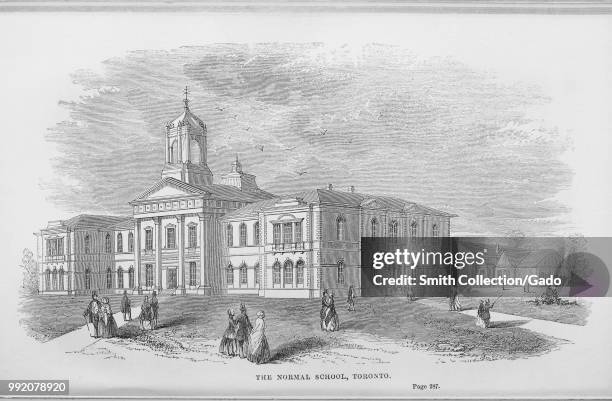 Black and white print of a teacher's college, located in Ontario, Canada, captioned "The Normal School, Toronto, " depicting a large, classical...