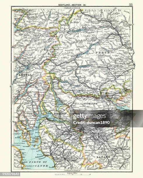 antique map, scotland, glasgow, perth, argyll, lanark, 19th century - perthshire stock illustrations