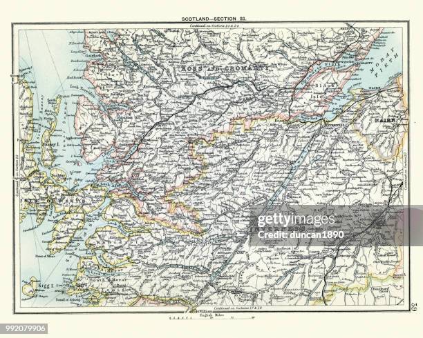 ilustraciones, imágenes clip art, dibujos animados e iconos de stock de antiguo mapa, escocia, inverness, ross y cromarty 19 siglo - inverness