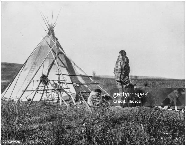 antique photograph of america's famous landscapes: cree indians - teepee stock illustrations