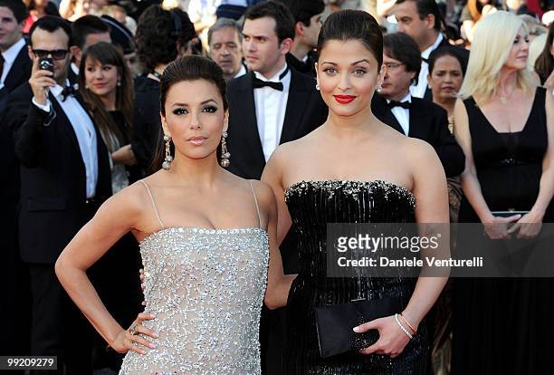 Actresses Eva Longoria Parker and Aishwarya Rai Bachchan attend the Premiere of 'On Tour' at the Palais des Festivals during the 63rd Annual...