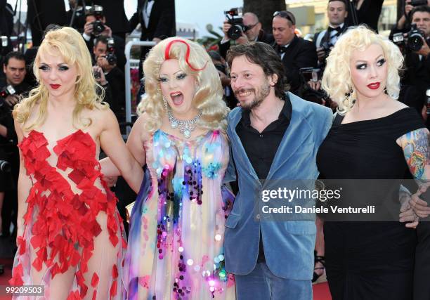 Julie Atlas Muz, Dirty Martini, director Mathieu Amalric and Mimi Le Meaux attend the Premiere of 'On Tour' at the Palais des Festivals during the...