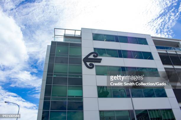 Facade with sign and logo at headquarters of Air New Zealand in Auckland, New Zealand, February 26, 2018.