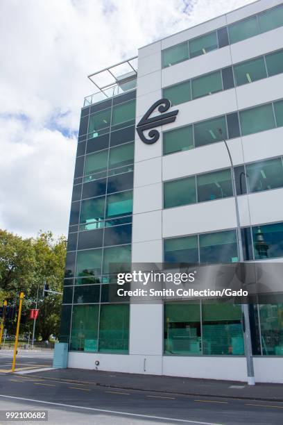 Facade with sign and logo at headquarters of Air New Zealand in Auckland, New Zealand, February 26, 2018.