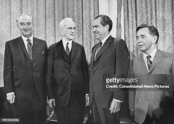 From left to right, former US President Lyndon B. Johnson, Speaker of the House John William McCormack , US President Richard Nixon and House...