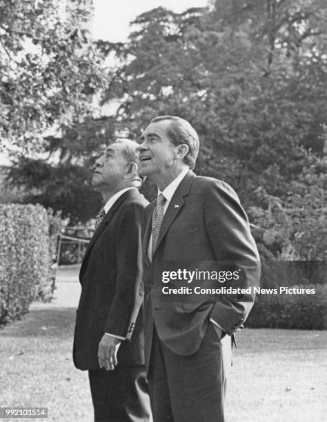 President Richard Nixon and Japanese Prime Minister Eisaku Sato in the rose garden of the White House during talks in Washington, DC, 24th October...