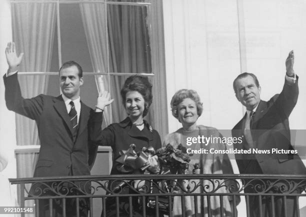 President Richard Nixon and First Lady Pat Nixon on the South Portico of the White House in Washington, DC with Prince Juan Carlos and Princess Sofia...